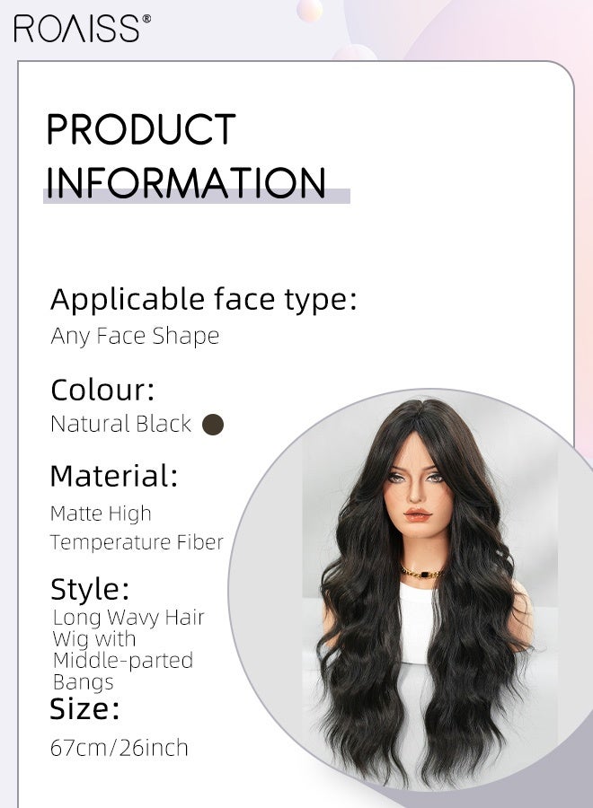roaiss Natural Black Wavy Hair Wig, Women's Middle Parting Natural Soft Synthetic Heat Resistant Hair Wig for Wedding Cosplay Party Daily Use, 67cm (26 inches) - Image 3